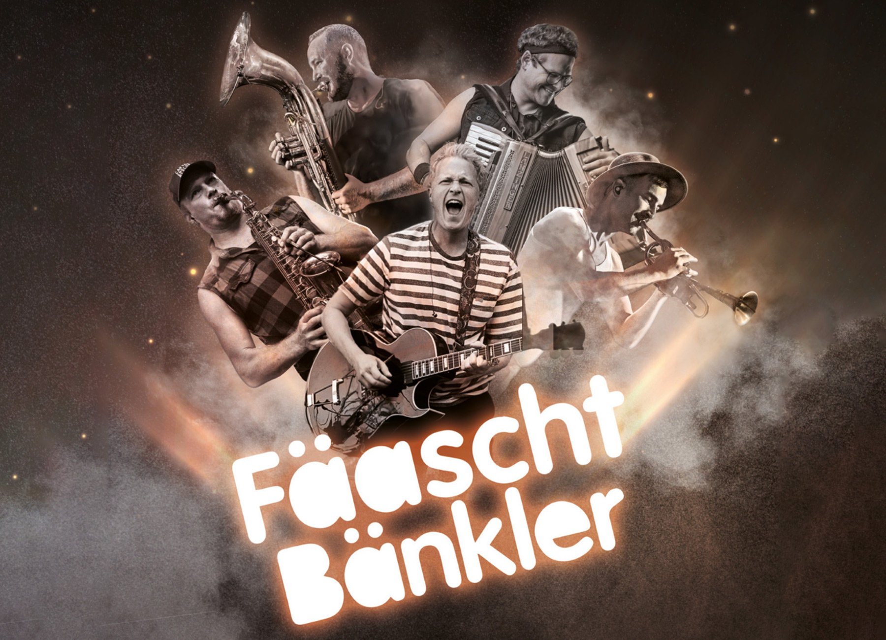 Grafik von Fäaschtbänkler mit ihren Instrumenten und "Fäaschtbänkler" in Leuchtschrift