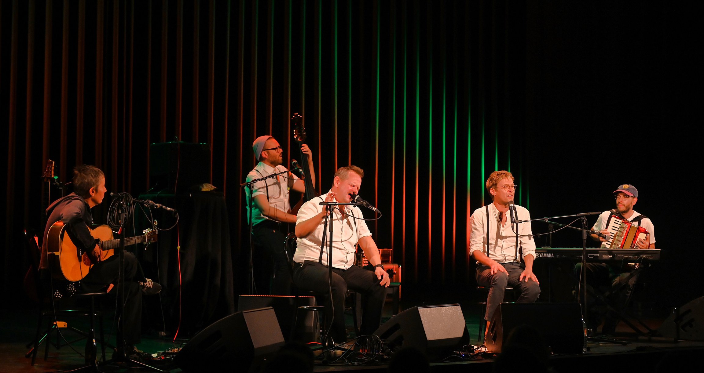 Fünf Musiker auf einer Bühne mit Instrumenten