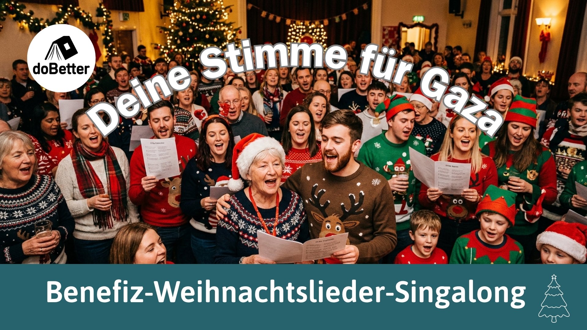 Plakat des Benefizkonzertes mit Banner Deine Stimme für Gaza mit Logo und Foto von zahlreichen weihnachtlich gekleidetetn Personen 