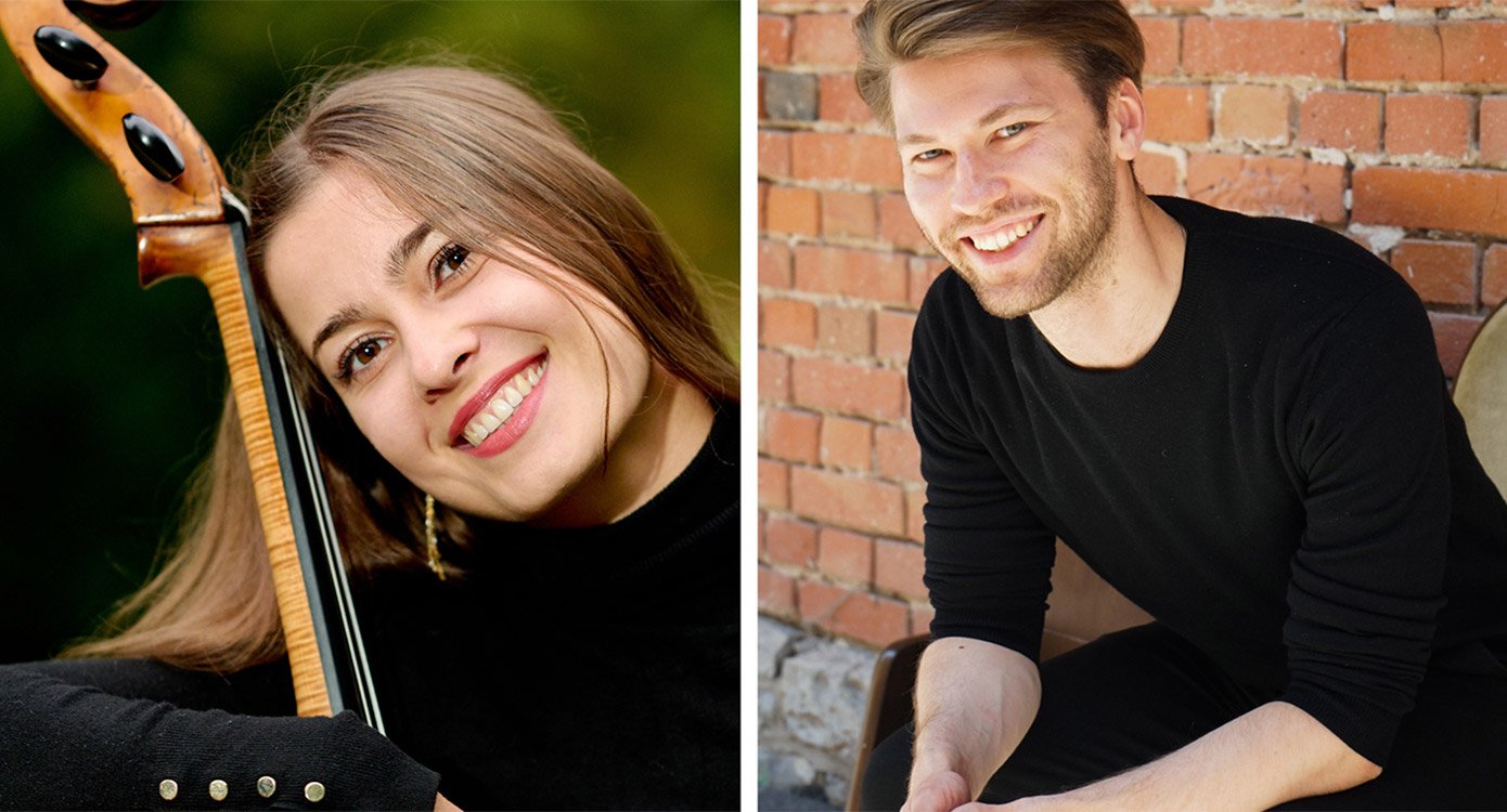 Collage mit je einem Foto einer Dame mit Instrument und einem Herrn in dunkler Kleidung