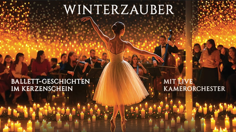 Plakat Winterzauber. Ballettszene im Kerzenschein mit tanzender Person und Kammerorchester im Hintergrund.