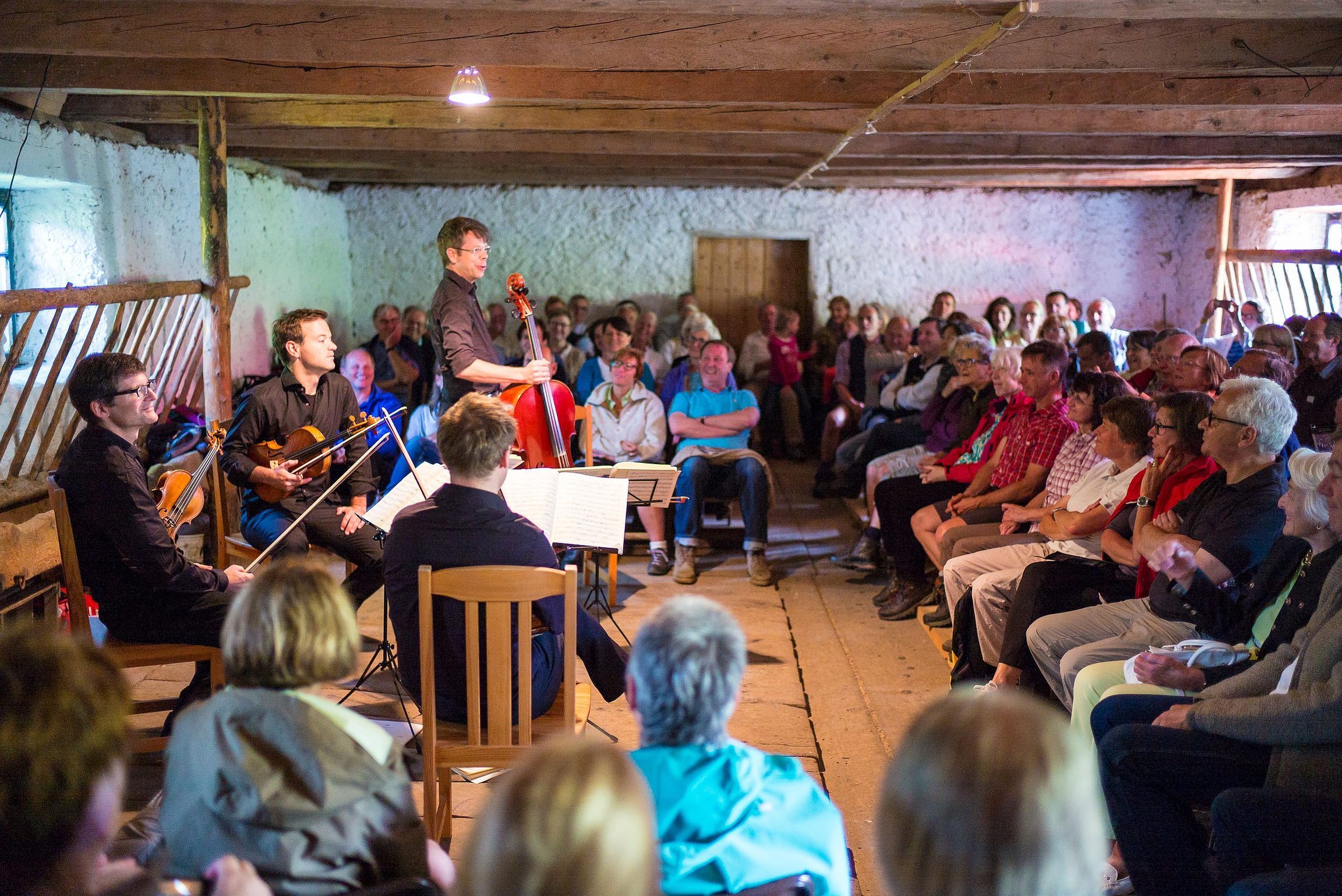 Eine Musikgruppe  in einem Raum der Alm mit Publikum