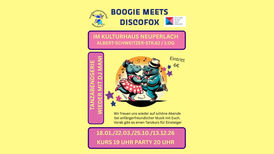 Das Plakat für die Veranstaltung ‚Boogie meets Discofox‘ mit einer Komposition aus Text und einer Illustration von zwei tanzenden Nilpferden