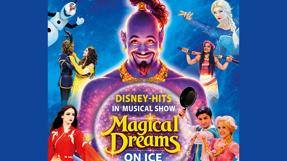 Plakat Magical Dreams on Ice mit großer violetter Fantasiefigur im Zentrum, umgeben von bekannten Märchen- und Animationsfiguren auf eisblauem Hintergrund, darunter eine Eisprinzessin, ein Schneemann, ein Prinzenpaar, eine Figur im roten Gewand sowie weitere Kostümdarstellende, dazu der Schriftzug Magical Dreams on Ice Disney-Hits in Musical Show.