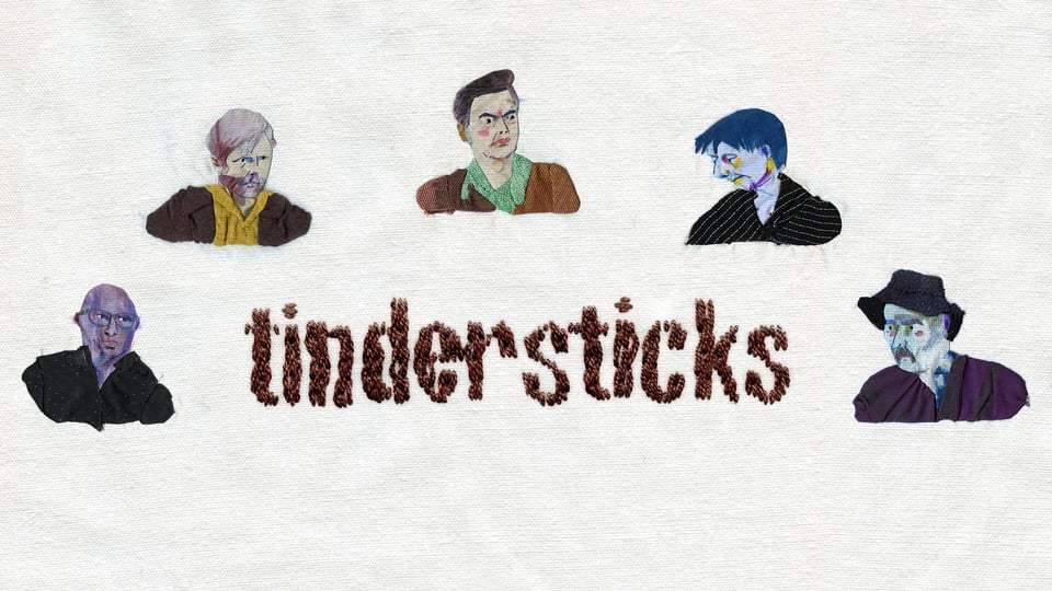 Illustration auf hellem Hintergrund mit dem Schriftzug tindersticks aus braunen Formen; darum herum fünf stilisierte, farbig gestaltete Porträtbüsten in verschiedenen Positionen
