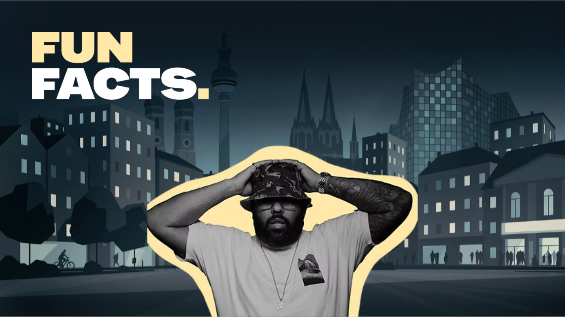 Roger Rekless steht vor einer stilisierten nächtlichen Stadtillustration mit dem Schriftzug FUN FACTS links oben