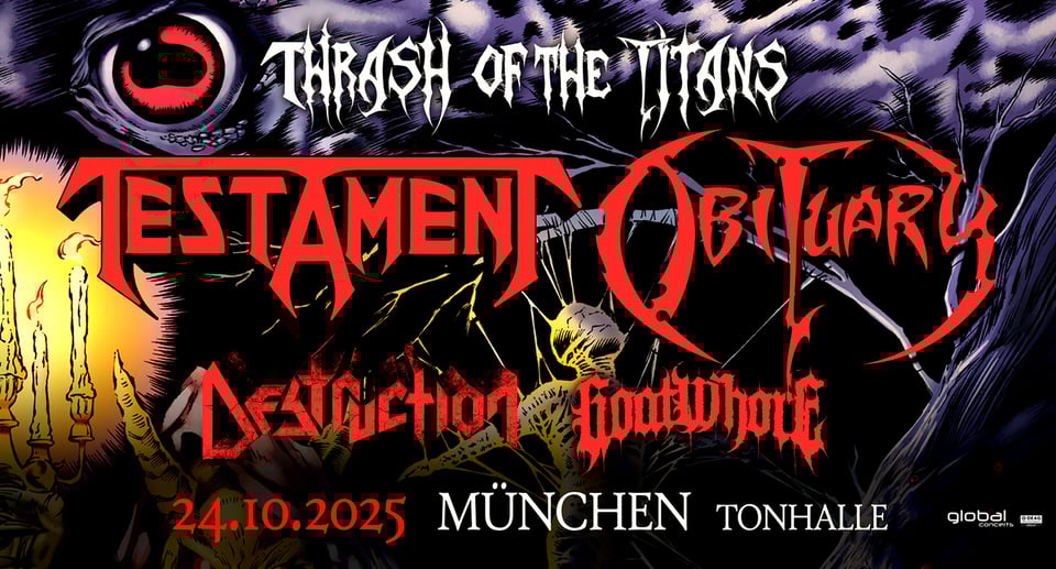 Plakat des Konzerts „Testament & Obituary“, in den Farben Rot, Gelb und Lila