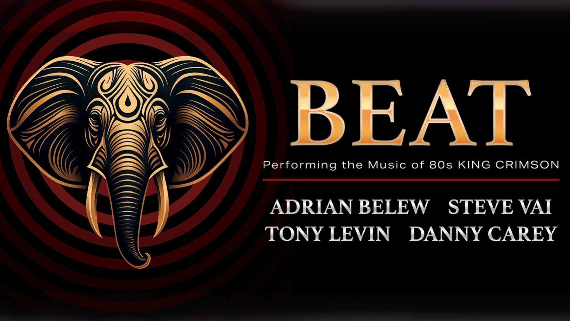 Das Plakat für die Veranstaltung ‚BEAT‘, mit Bordeaux- und Schwarztönen, dem Eventnamen in Gold und einer Illustration eines Elefantenkopfes in Gold und Schwarz