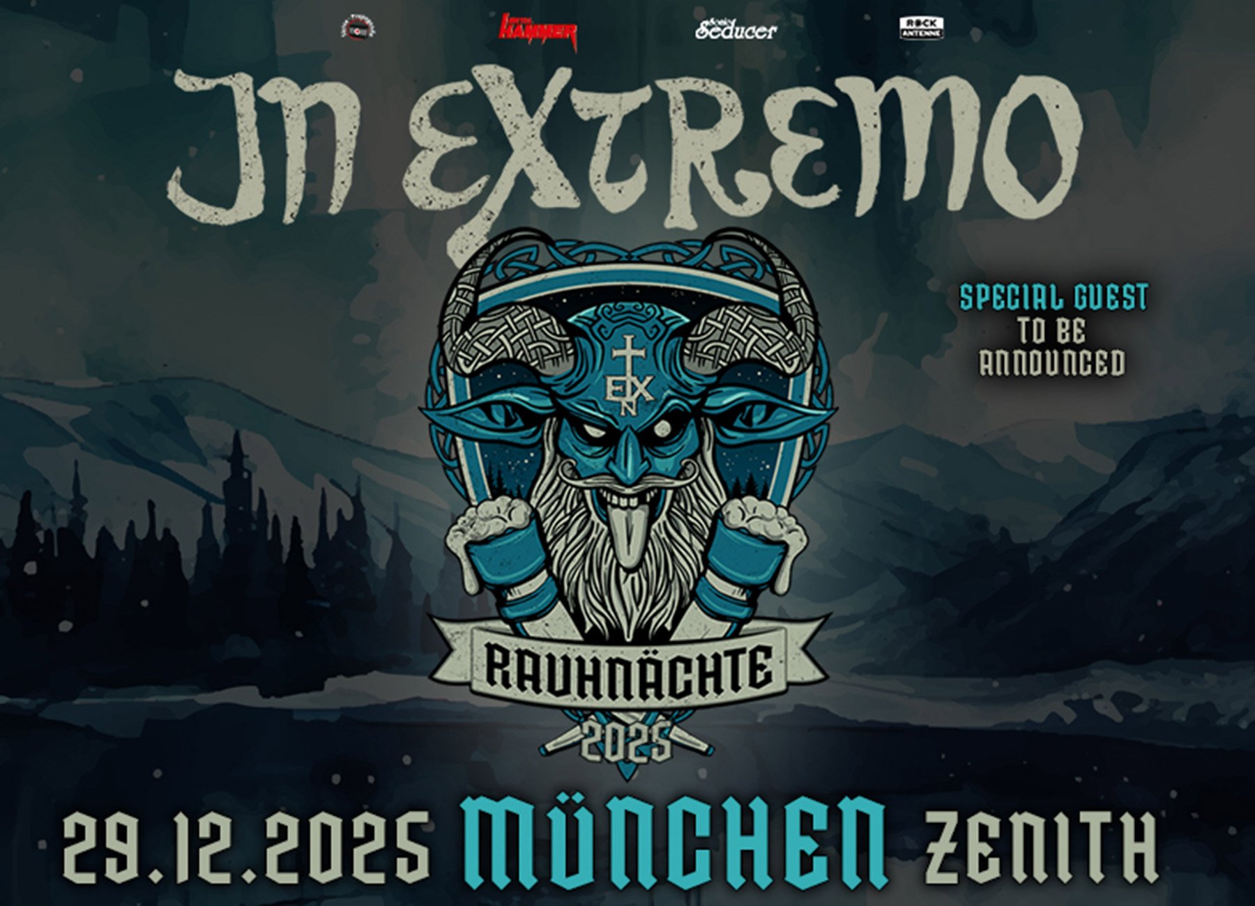 Plakat mit Bandlogo, Grafik und Aufschrift zum Konzerttermin