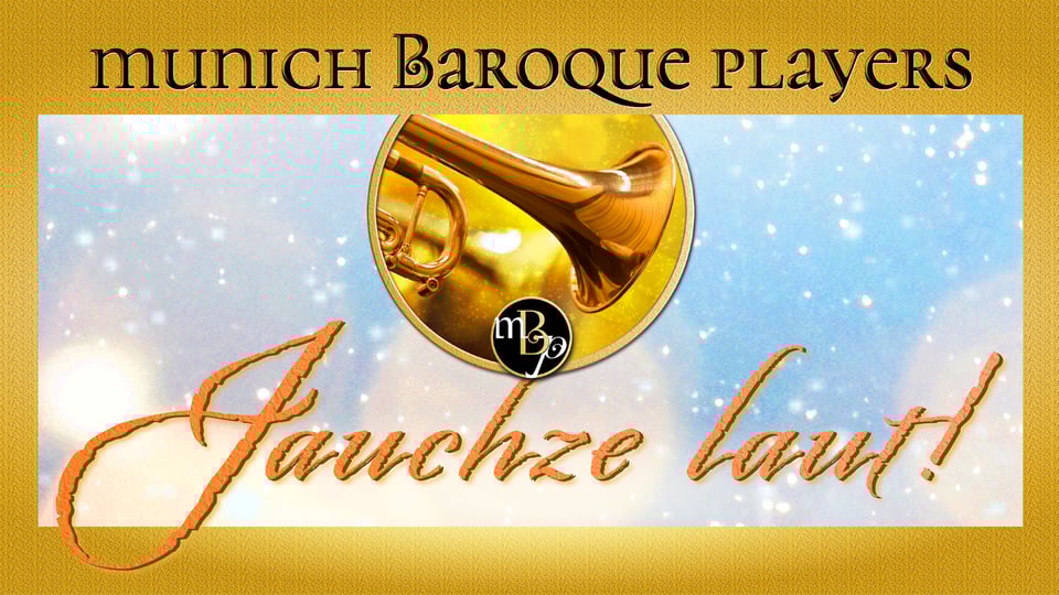 Das Plakat für das Event ‚Jauchze laut!‘ mit einer Illustration eines Instruments und Typografie auf einem Schneeeffekt, mit einem goldenen Rahmen