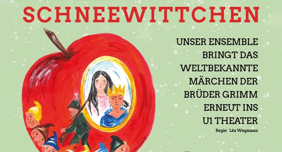 Grafik mit rotem Apfel, Schneewittchen und Zwerge, mit Aufschrift