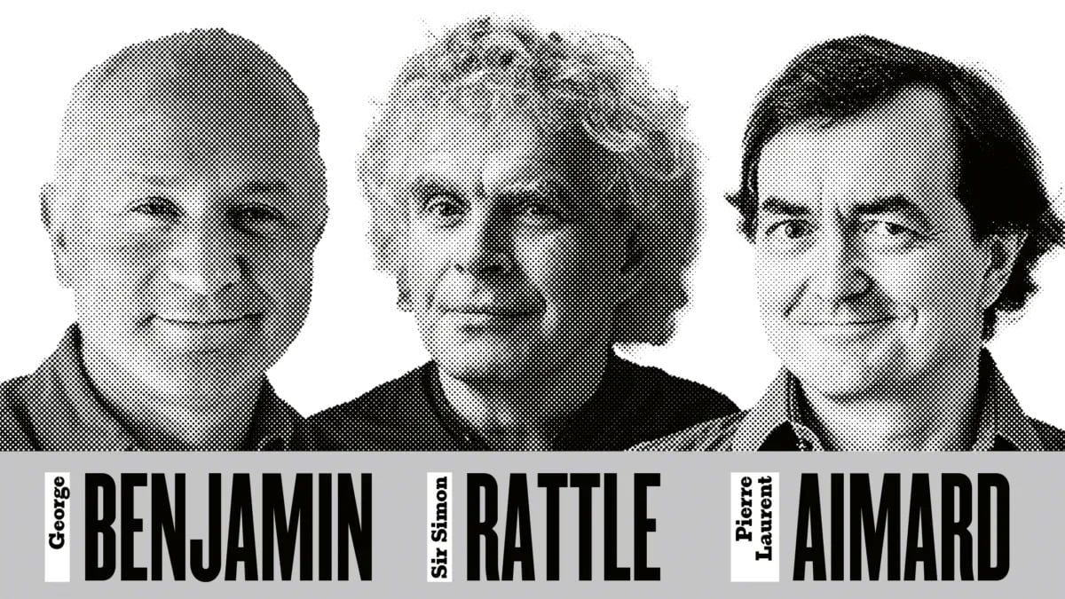 Collage von drei schwarz-weiss Portraits der Künstler Benjamin, Sir Simon Rattle und Aimard verpixelt für die Konzertreihe Musica Viva