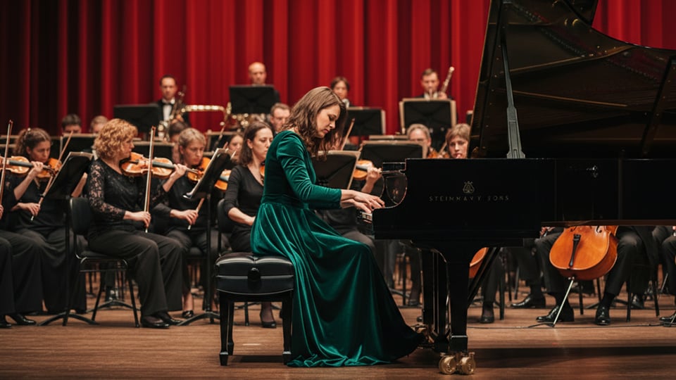 Eine Dame in grünem Kleid am schwarzen Konzertflügel spielt Klavier, dahinter sitzt ein Orchester mit Streichinstrumenten vor rotem Bühnenvorhang.