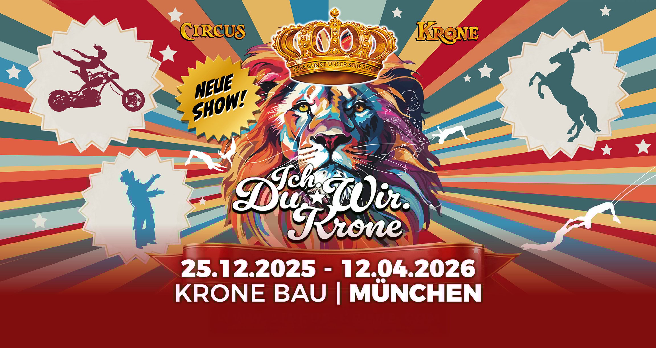 Eine Collage mit vielen Farben und Elementen, in der Mitte ein Löwe mit einer Krone.