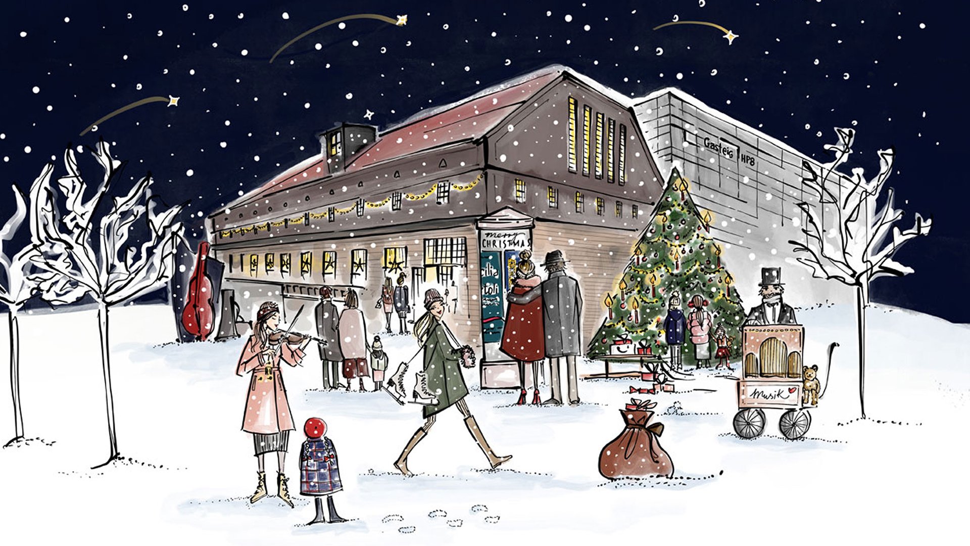 Illustratives Eventmotiv zu „Eine musikalische Schlittenfahrt“: Winterliche Zeichnung einer festlich beleuchteten Konzerthalle bei Schneefall. Im Vordergrund stehen mehrere Personen im Schnee, einige mit Musikinstrumenten, darunter eine Geige. Rechts ein geschmückter Weihnachtsbaum mit Lichtern, Figuren und Geschenken. Links und rechts kahle Bäume, darüber ein dunkler Nachthimmel mit Schnee und leuchtenden Sternen. Stimmungsvolle, handgezeichnete Illustration für ein festliches Winter‑ und Weihnachtskonzert.