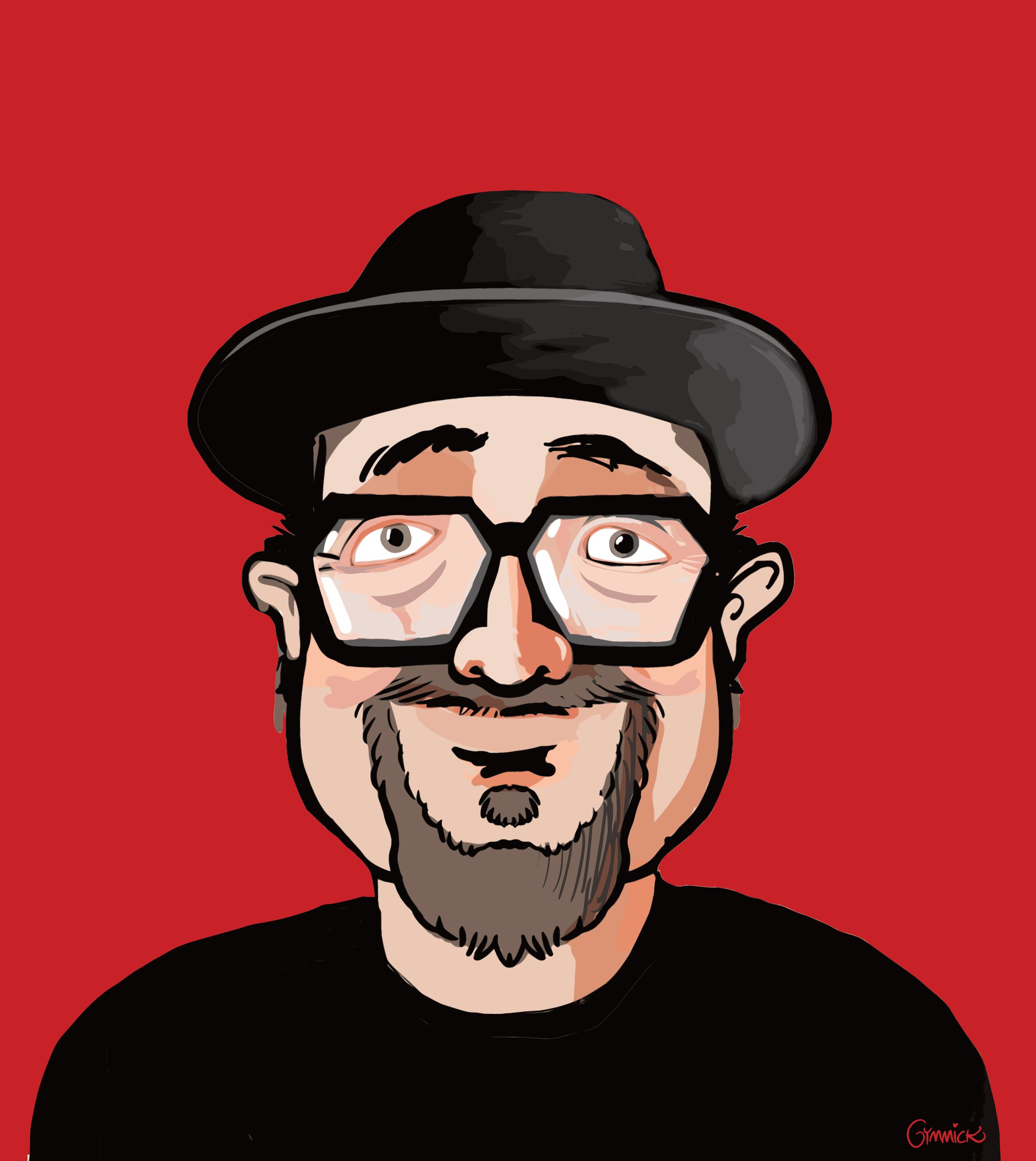 Eine Karikatur der Figur mit Hut und Brille vor rotem Hintergrund