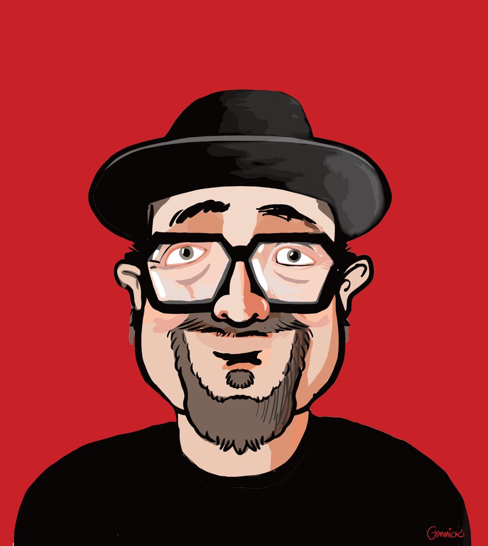 Eine Karikatur der Figur mit Hut und Brille vor rotem Hintergrund