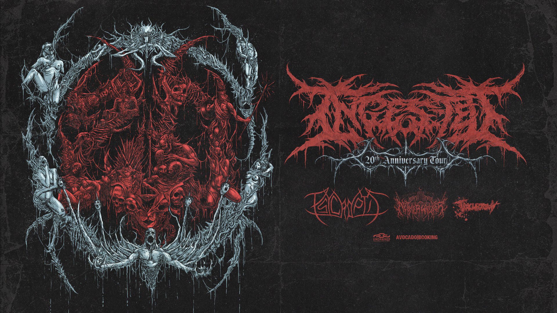 Dunkles Konzertposter mit rot weißer grafischer Illustration aus Figuren, Schädeln und ornamentalen Elementen. Rechts steht die Aufschrift INGESTED 20th Anniversary Tour. Darunter die Bandnamen Fallujah, Vulvodynia und Mélancolia sowie die Logos von Unchained und Avocado Booking.