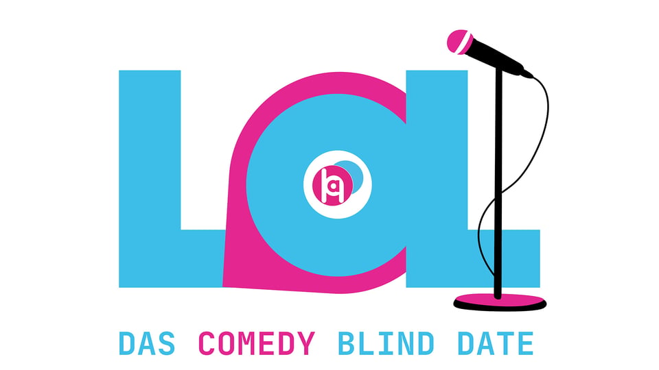 Grafik mit großen Buchstaben LOL in hellblau und pink sowie Aufschrift Das Comedy Blind Date