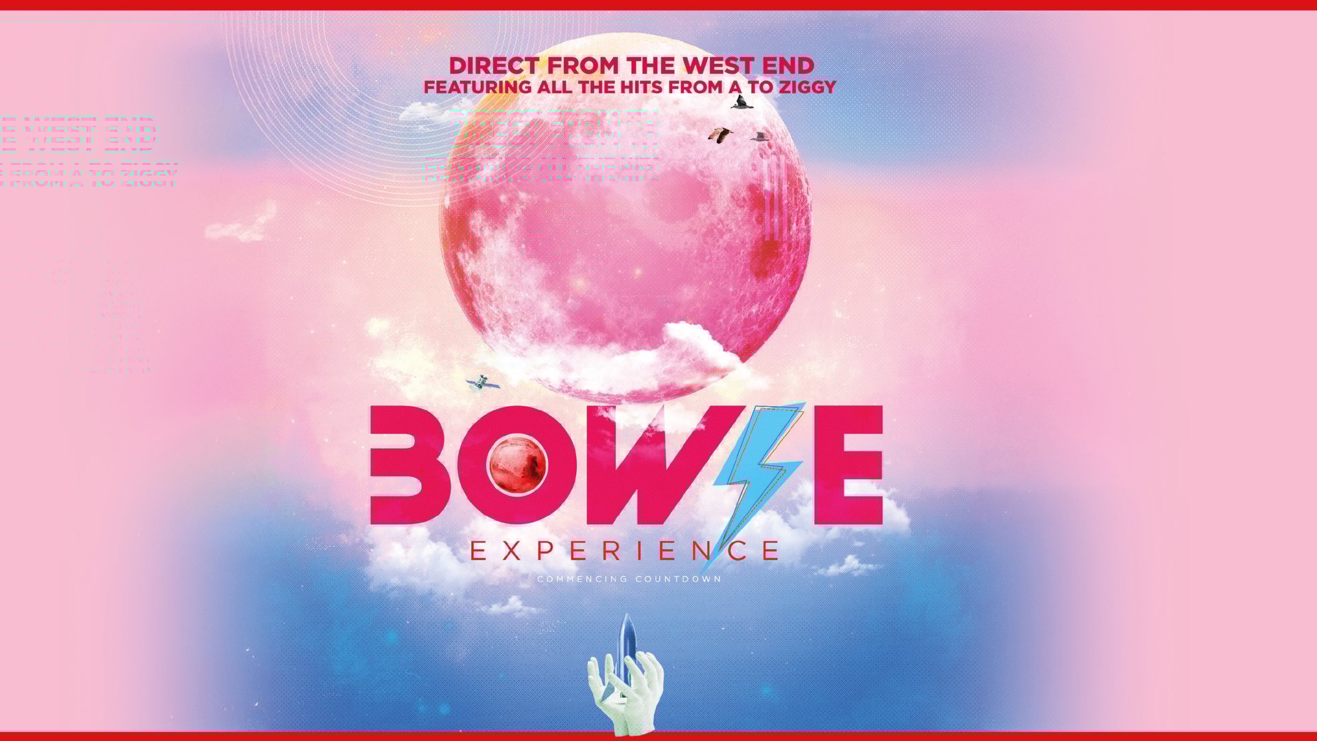 Foto für das Event „Bowie Experience“ mit einem rosa-blauen Farbverlauf und einem rosa Mond.