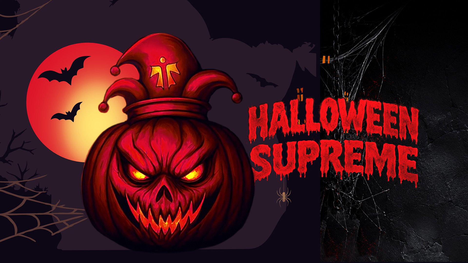 Plakat Halloween Supreme mit einem Kürbs, im Hintergrund die die Silhouetten von zwei Fledermäusen vor einer Sonne  