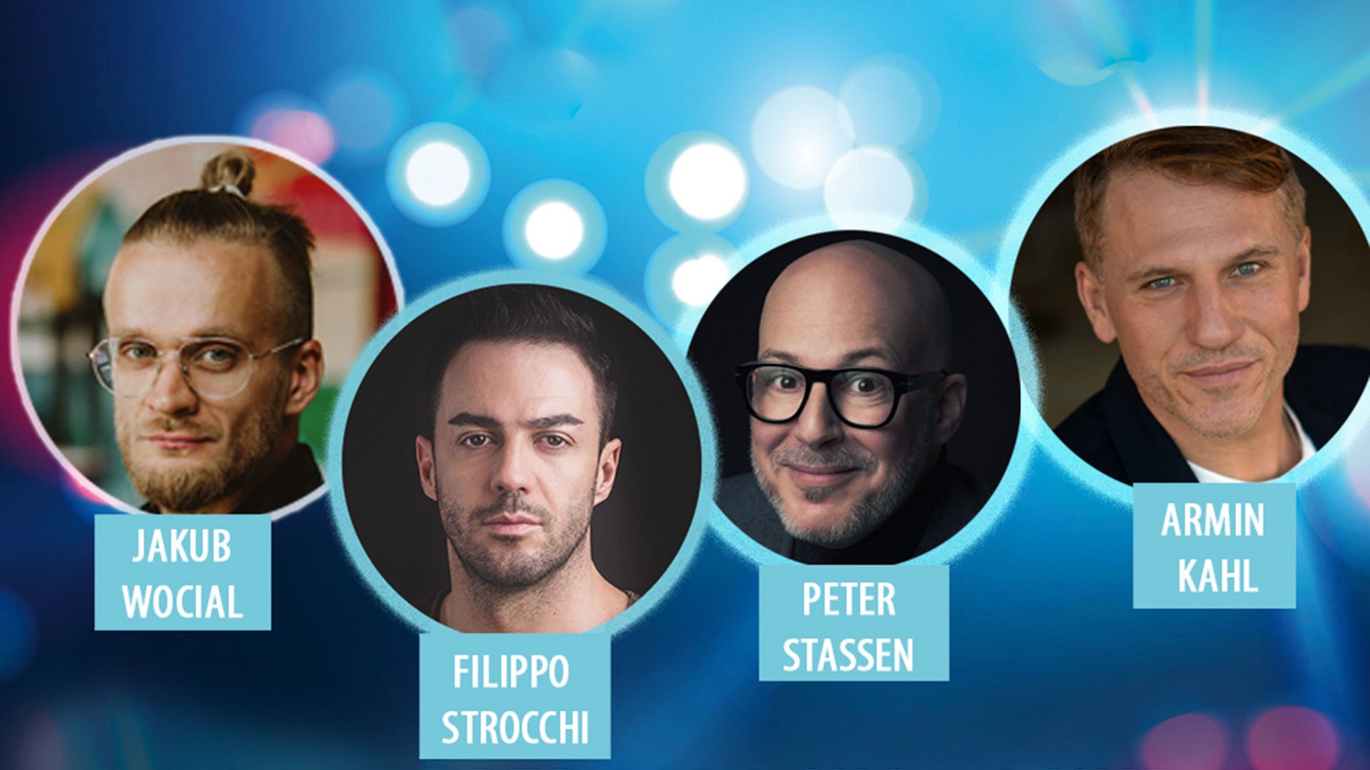 Eventfoto „We Love Musicals“ mit Künstler-Collage auf blauem Hintergrund mit rosa Glitzereffekten.