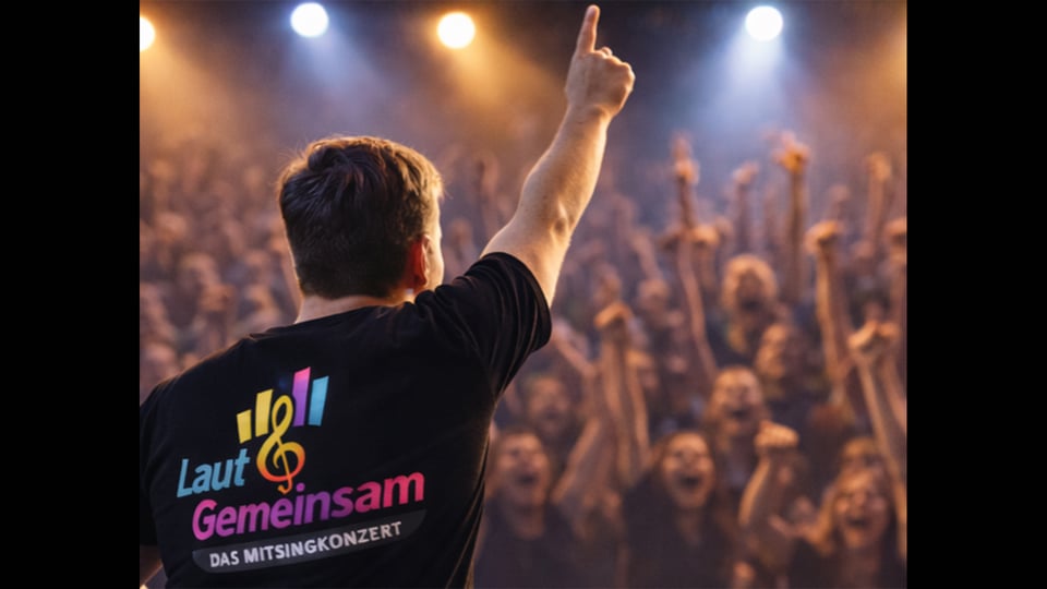 Ein Foto eines Künstlers mit schwarzem Shirt und Aufschrift der Veranstaltung sowie Publikum im Hintergrund