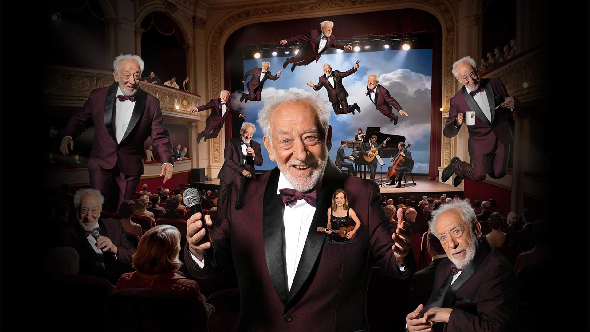 Collageartige Szene in einem historischen Theater mit Publikum und Bühne. Mehrere Darstellungen derselben Person im dunklen Anzug mit Fliege sind im gesamten Bild verteilt, darunter auf der Bühne, im Zuschauerraum und scheinbar schwebend vor einer Kulisse aus Wolken. In der Bildmitte hält eine große Figur ein Mikrofon und steht im Vordergrund vor dem Publikum. Auf der Bühne sind außerdem mehrere Musikerinnen und Musiker mit verschiedenen Instrumenten zu sehen. Die theatralische Inszenierung verbindet Kabarett, Musik und Fantasieelemente in einer opulenten Bühnenatmosphäre.