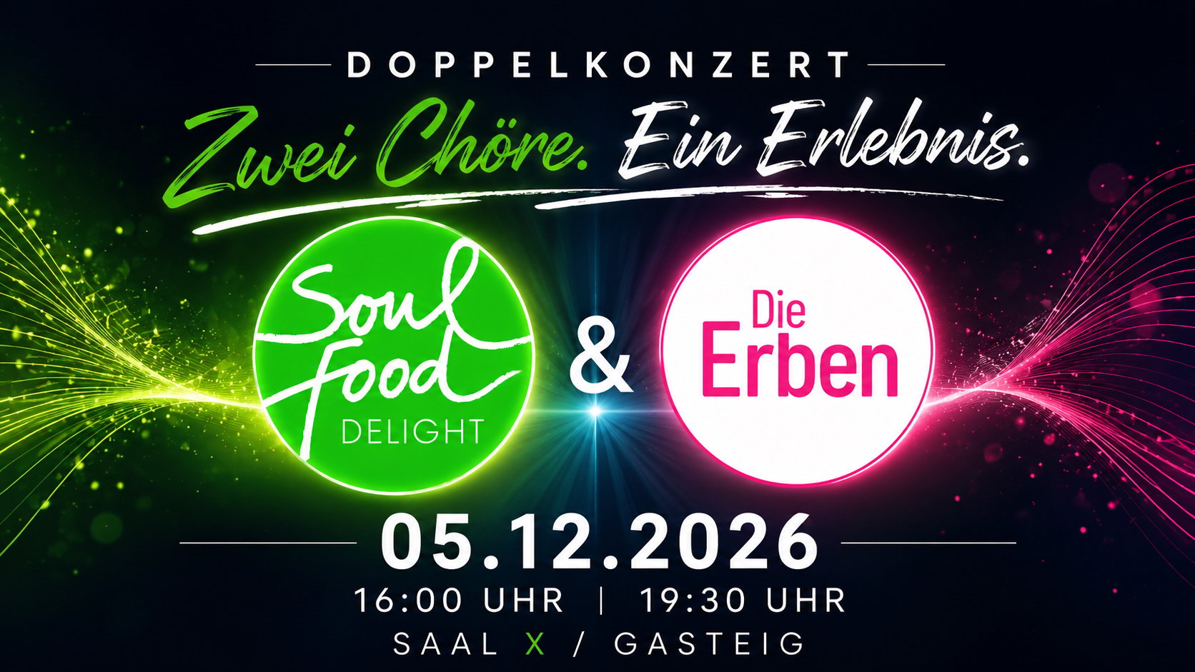  Konzertplakat mit dunklem Hintergrund - Doppelkonzert – Zwei Chöre. Ein Erlebnis mit Logos und weiteren Informationen zur Veranstaltung
