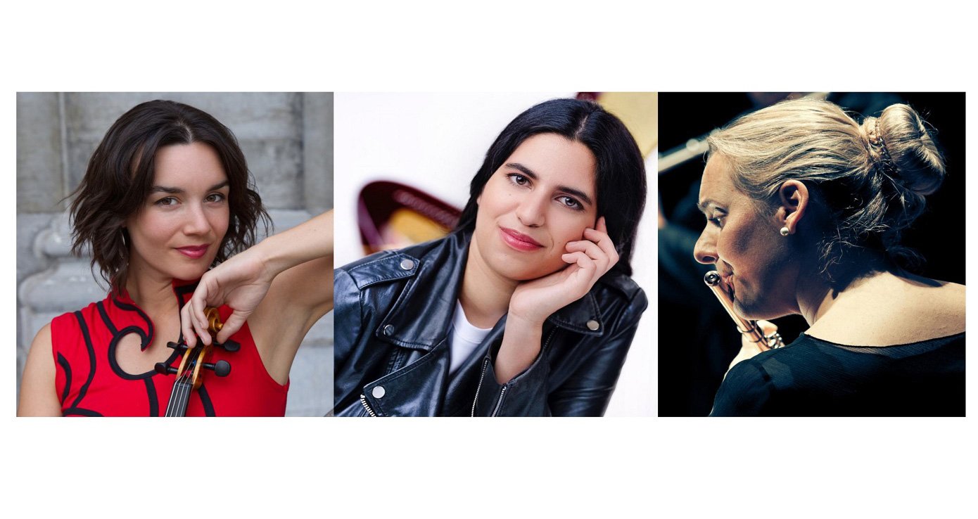 Eine Portrait Collage von drei Frauen mit Instrumenten in der Hand