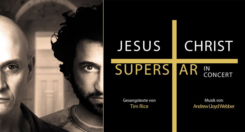 Das Veranstaltungsplakat zeigt links die Gesichter von zwei Männern und rechts eine auffällige Typografie.