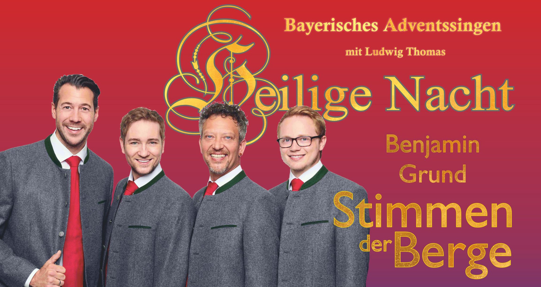 Plakat der Veranstaltung mit vier Jungen in typisch bayerischen Jacken. Typografie in Gelb auf einem Hintergrund mit rotem und violettem Farbverlauf.