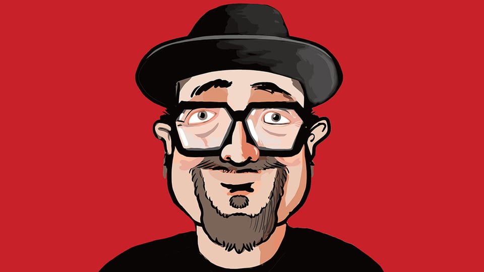 Zeichnung eines Mannes mit Hut, Brille und Bart auf rotem Hintergrund