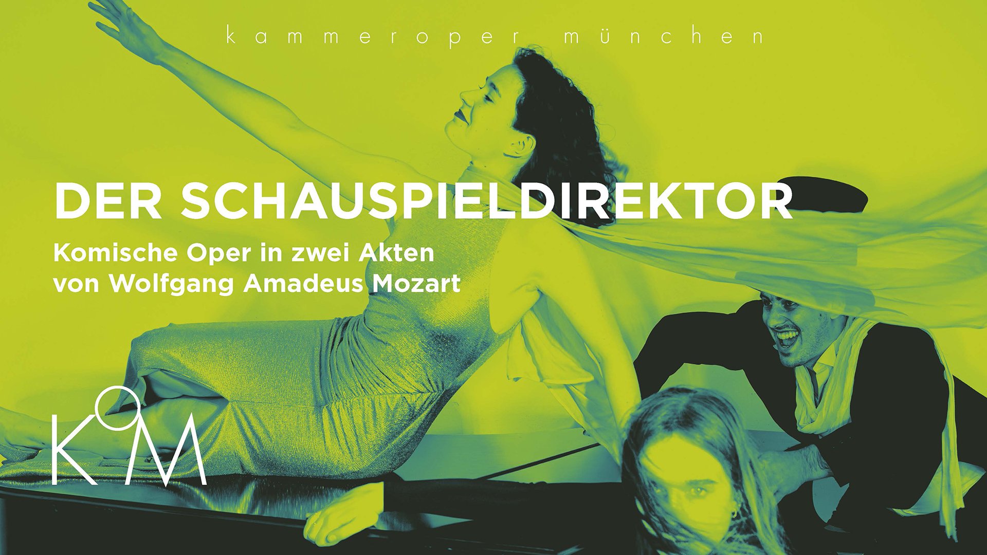 Grafik in grün-schwarz mit Bild von drei Darstellern und Aufschrift 