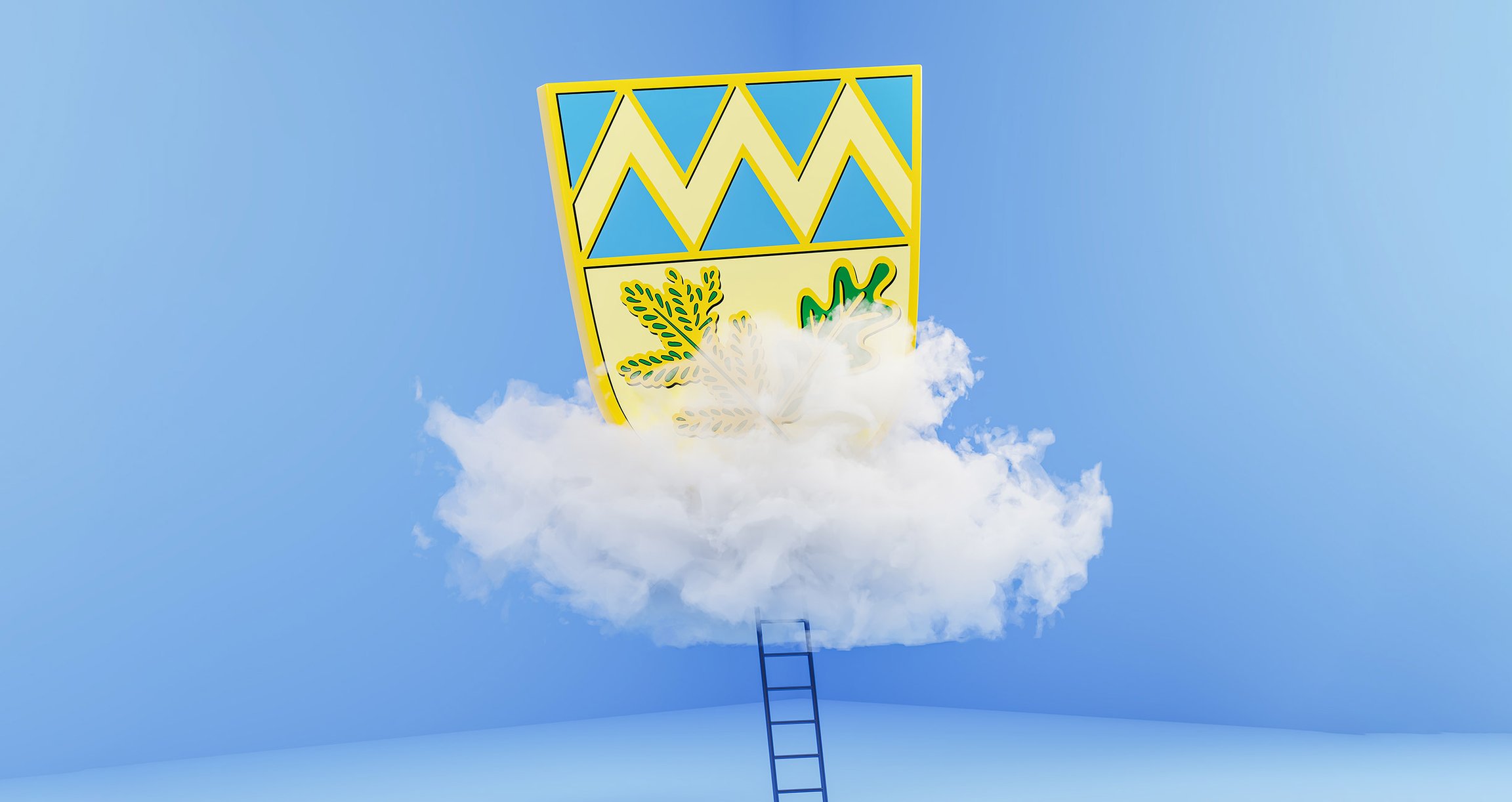 Grafik in Hellblau mit Wappen, Treppe und Wolke