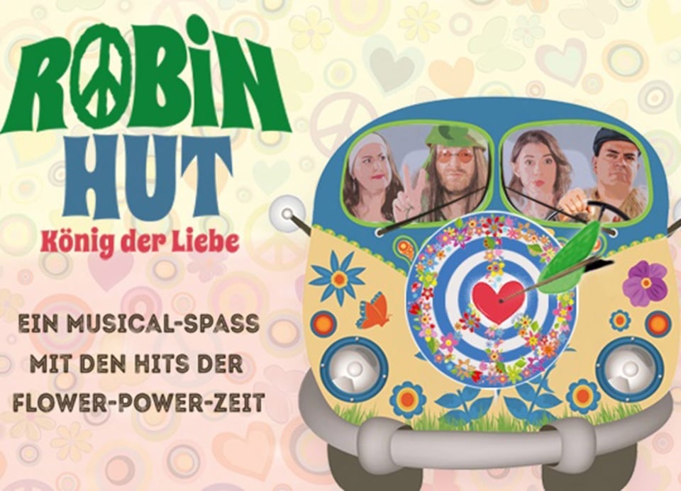 Grafik mit pastellfarbenen Symbolen und bunter VW-Bus mit Portraits von vier Personen