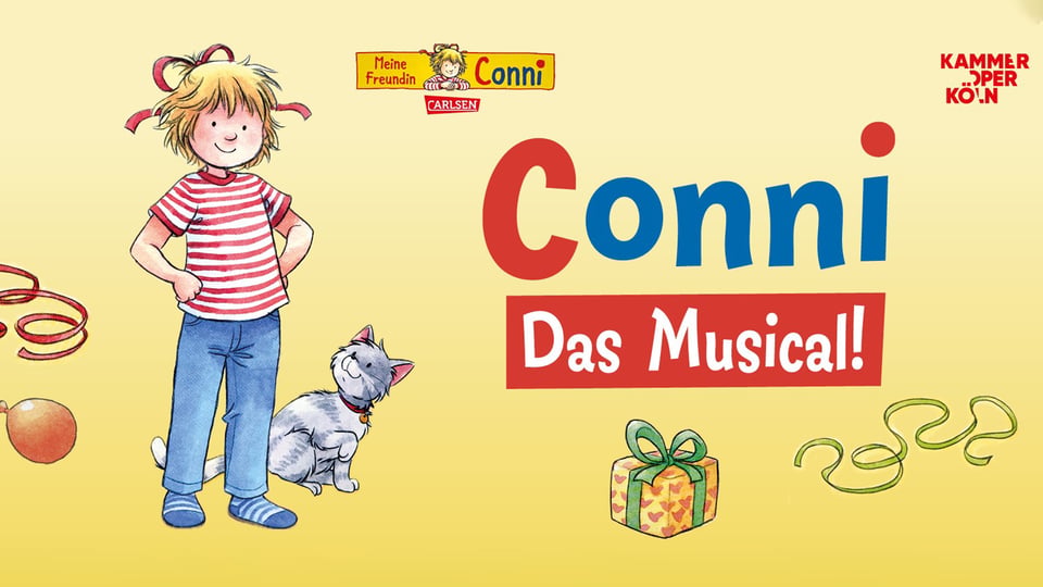 Illustration von Conni neben einem kleinen Hund, umgeben von Luftschlangen und einem Geschenk. Daneben der Schriftzug Conni – Das Musical! auf gelbem Hintergrund.