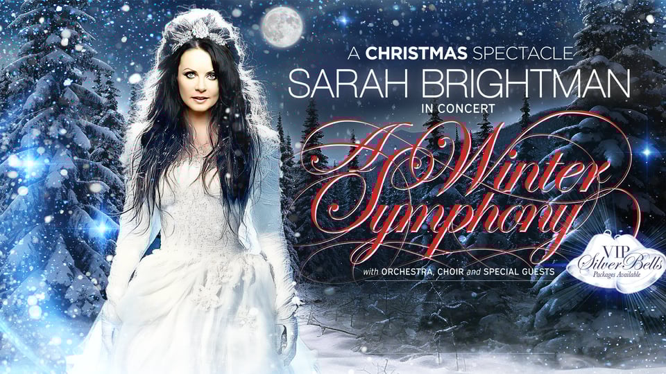 Foto für die Veranstaltung Sarah Brightman mit der Künstlerin in einem weißen Kleid vor einem weihnachtlichen Hintergrund und roter Typografie.