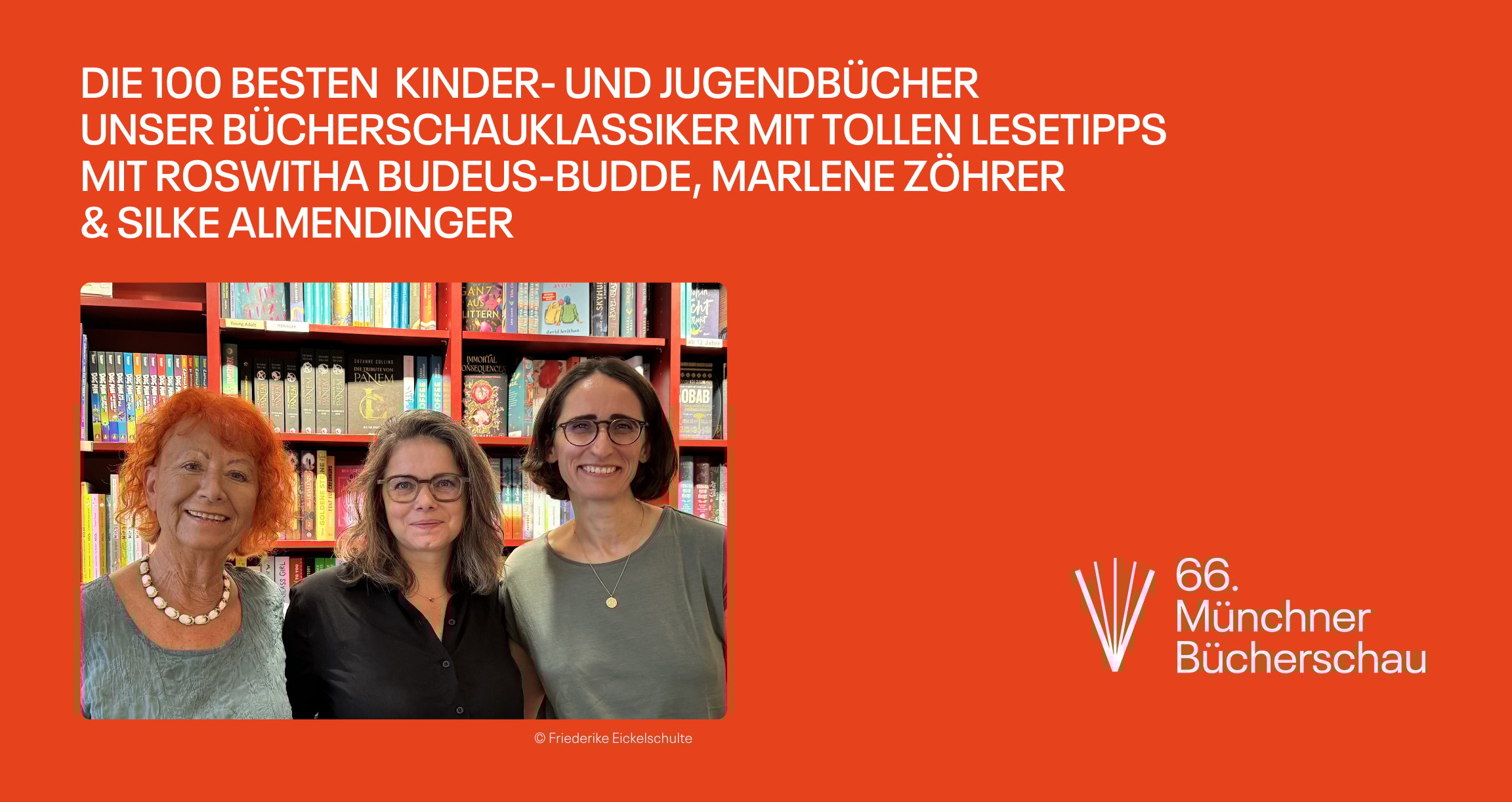 Grafik mit orangenem Hintergrund und einem Foto mit drei Personen