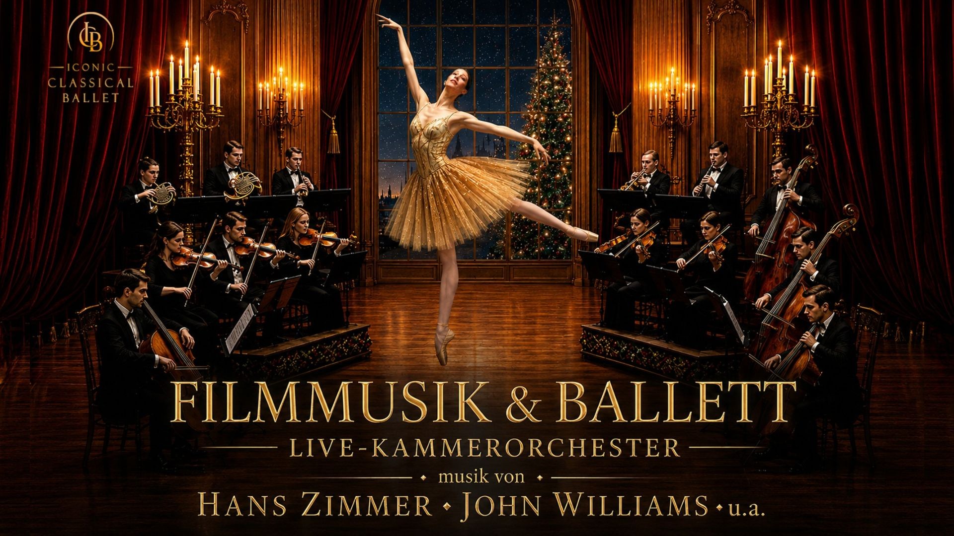 Plakat Filmmusik & Ballett mit einer Balletttänzerin im goldenen Kostüm vor einem Kammerorchester in einem festlich beleuchteten Saal, dazu der Schriftzug Filmmusik & Ballett – Live-Kammerorchester und Hinweise auf Musik von Hans Zimmer und John Williams.