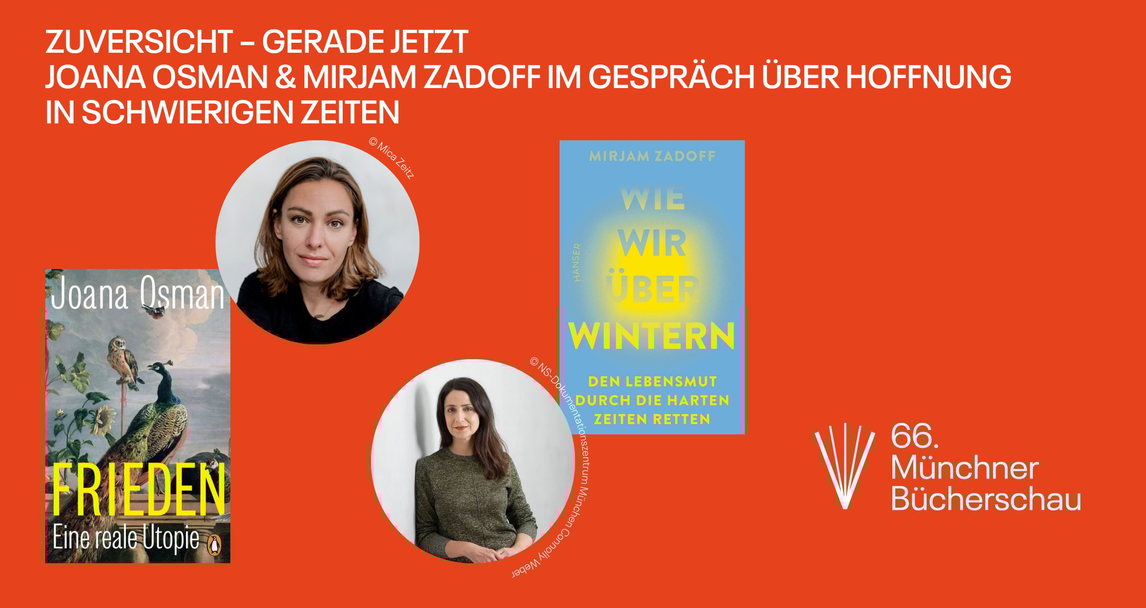 Grafik mit orangem Hintergrund, zwei Buchcover und zwei Fotos mit Personen