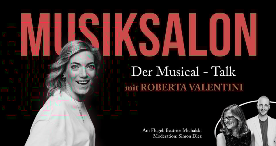 Grafik in schwarz-weiss mit roter Aufschrift und Fotos der Künstler