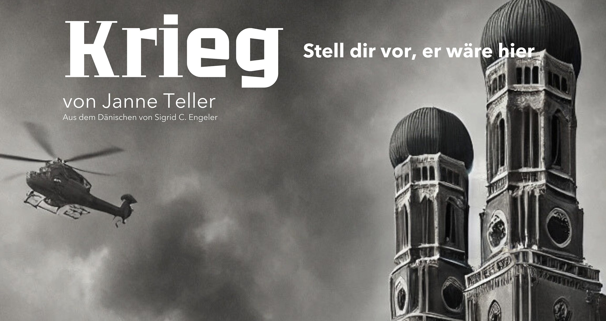 ein schwarz-weiß Foto mit den Türmen des Münchner Doms und einem darüber fliegenden Hubschrauber
