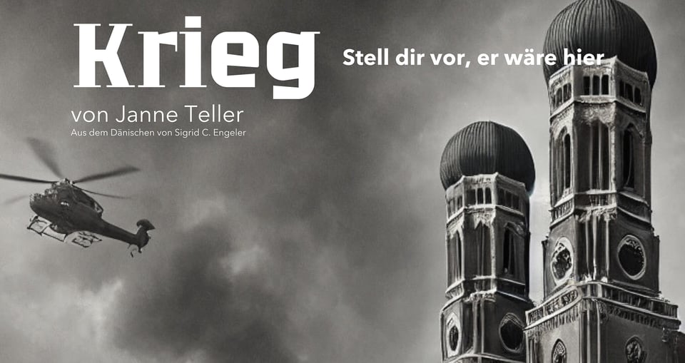 ein schwarz-weiß Foto mit den Türmen des Münchner Doms und einem darüber fliegenden Hubschrauber