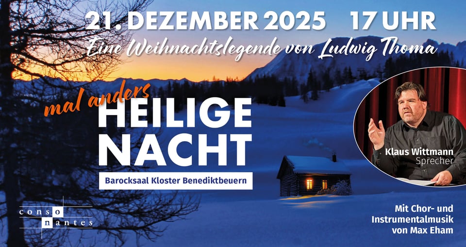 Veranstaltungsplakat mit einer Collage aus dem Foto des Künstlers, einer verschneiten Landschaft im Hintergrund und Schriftarten in Weiß und Orange.