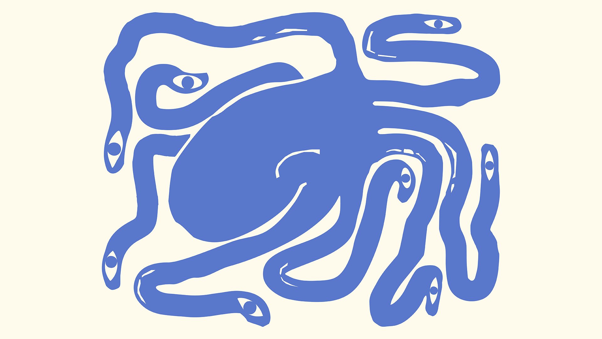 Plakat für die Griechische Filmwoche 2025 mit einer Illustration eines blauen Oktopus vor beigem Hintergrund.