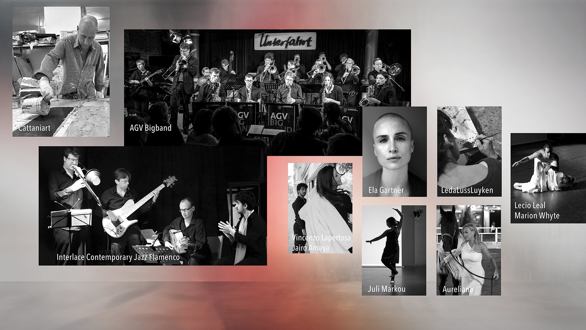 Collage in schwarz-weiß mit Fotos der einzelnen Künstler