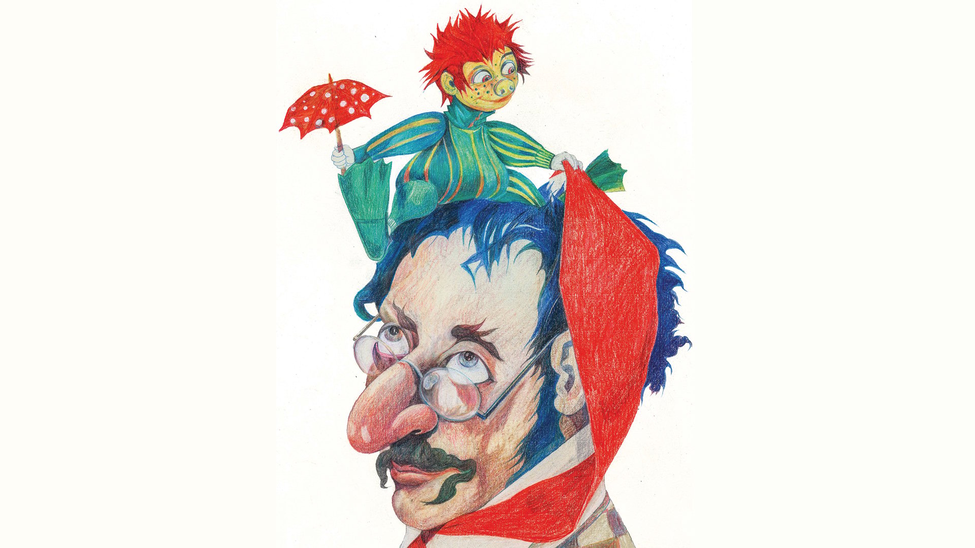 Illustration eines Mannes mit rundem Brillengestell, markanter Nase, schwarzem Schnurrbart und roter Zipfelmütze. Auf seinem Kopf sitzt eine kleine Fantasiefigur mit roten Haaren, grün-blau gestreifter Kleidung, rotem Regenschirm und rotem Tuch. Der Hintergrund ist weiß,
