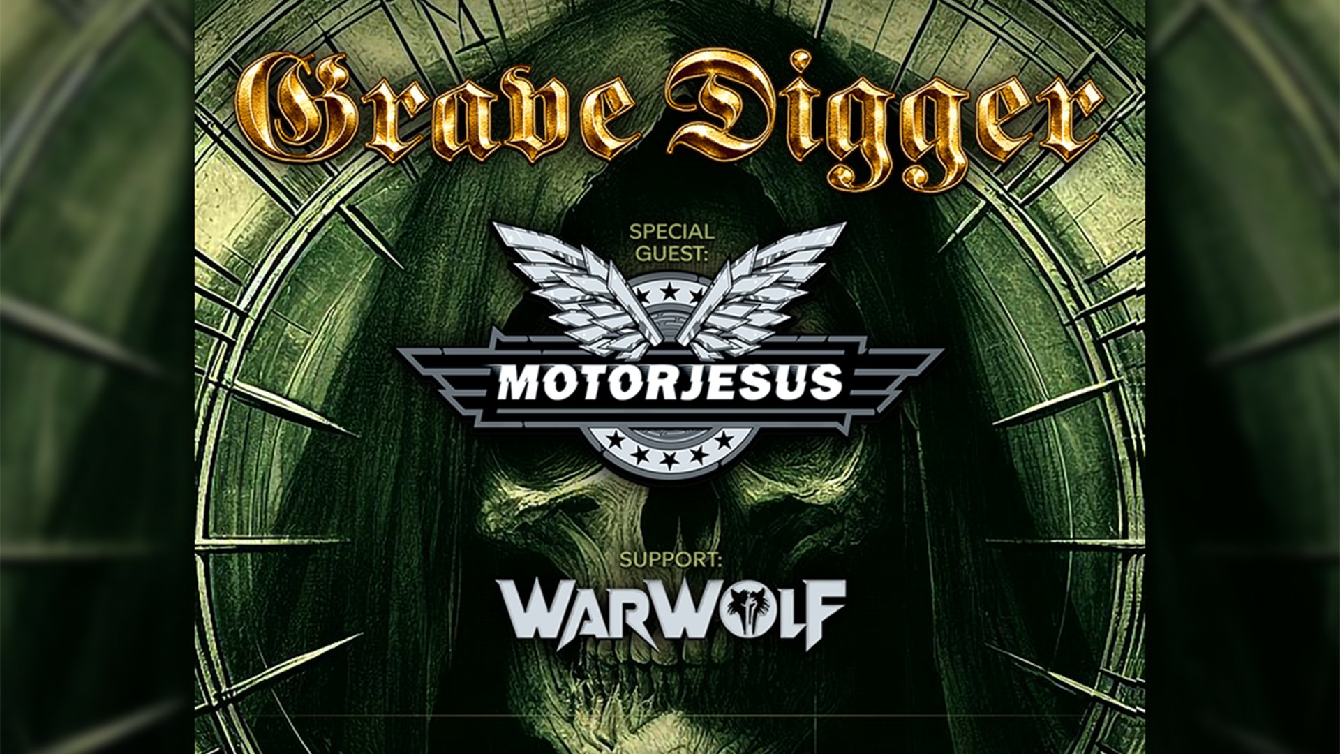 Grafik in grün mit Aufschrift der Bands