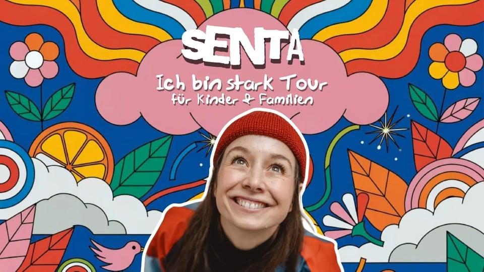 Buntes Poster SENTA – Ich bin stark Tour für Kinder & Familien mit Porträt einer Person mit roter Mütze vor farbenfrohem Hintergrund mit Blumen, Wolken und grafischen Mustern